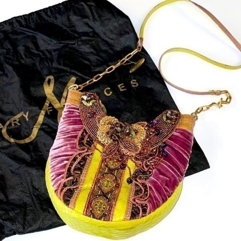 Mary Frances Floral Ruffle Bead Velvet Evening Bag
